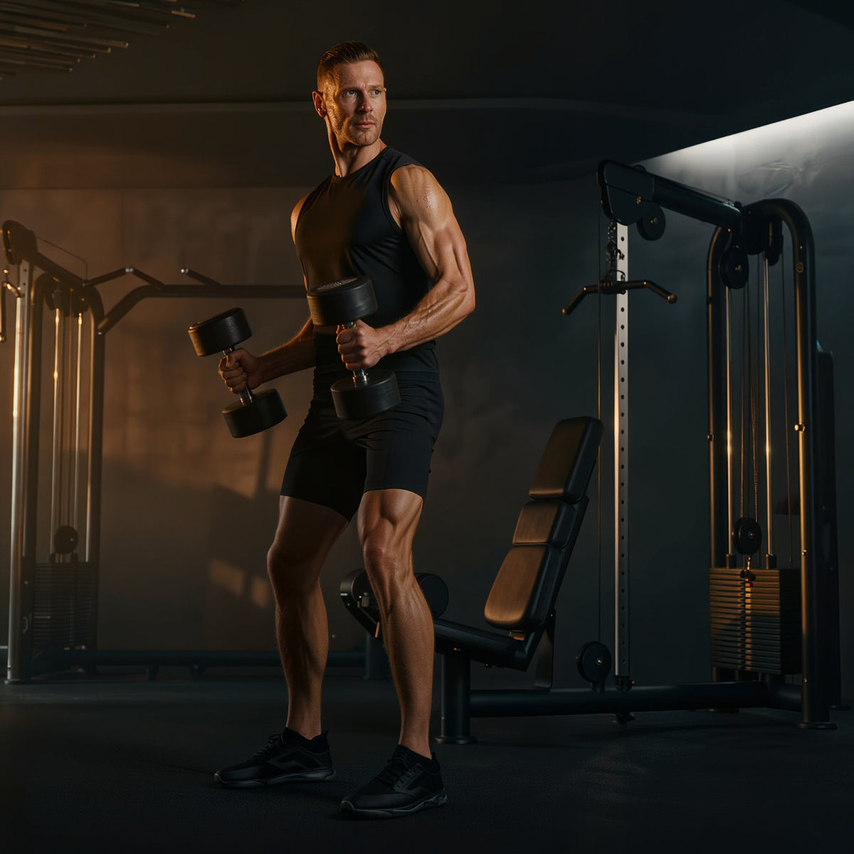 Persona entrenando con mancuernas en un gimnasio de luz calida